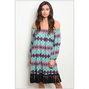 TURQUOISE & BLACK OFF THE SHOULDER DRESS TASSELS